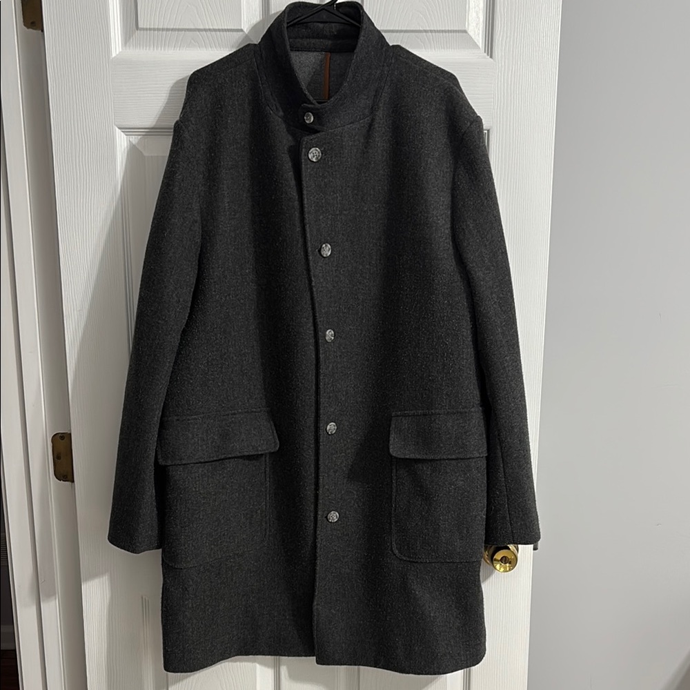 Black Trench Coat with Wide Collar and Wool Blend, Size XXL, High collar, Warm